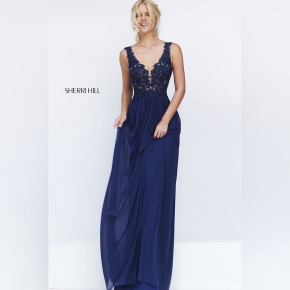 NWT Gorgeous V-Neck Embroidered Bodice Chiffon Prom Dress Long Gown Navy Sz 2 - Picture 3 of 14